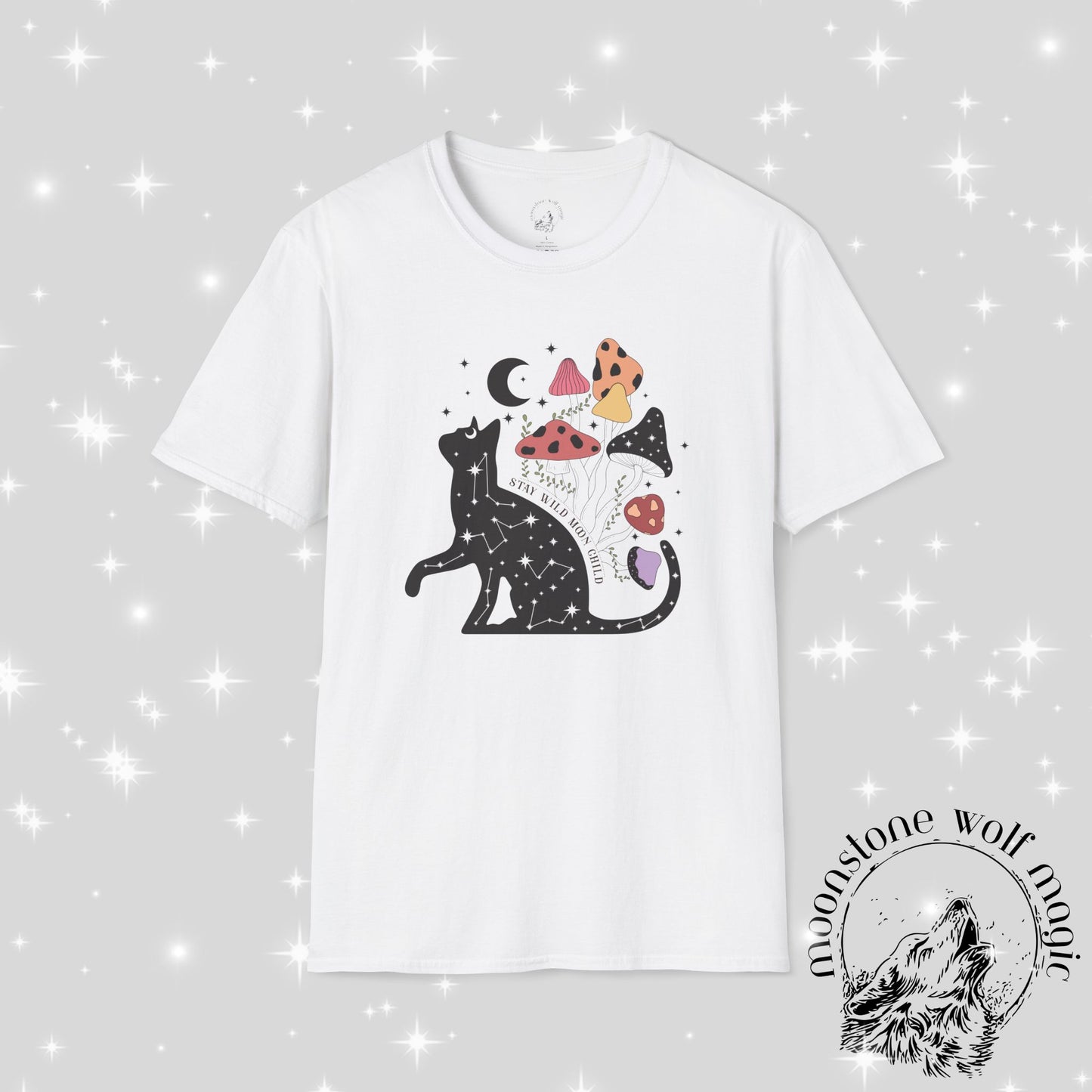 Cosmic Cat and Mushrooms Unisex Softstyle T-Shirt - Magical Aesthetic Tee