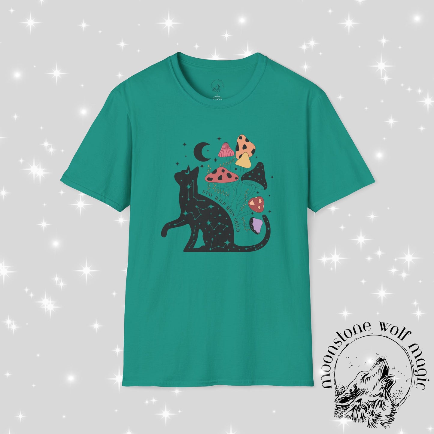 Cosmic Cat and Mushrooms Unisex Softstyle T-Shirt - Magical Aesthetic Tee