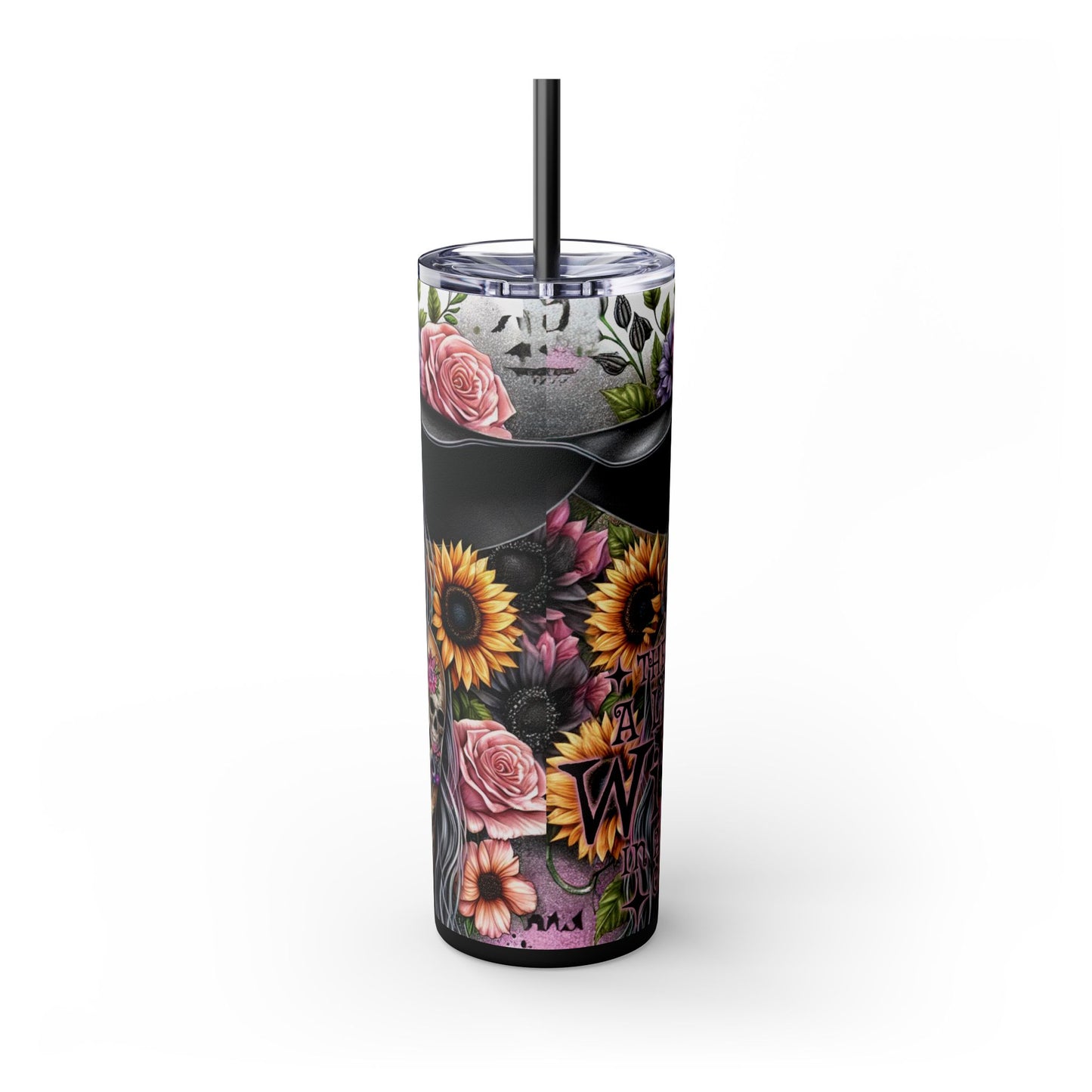 Boho Witchy Skinny Tumbler with Straw - 20oz Floral Skull Design