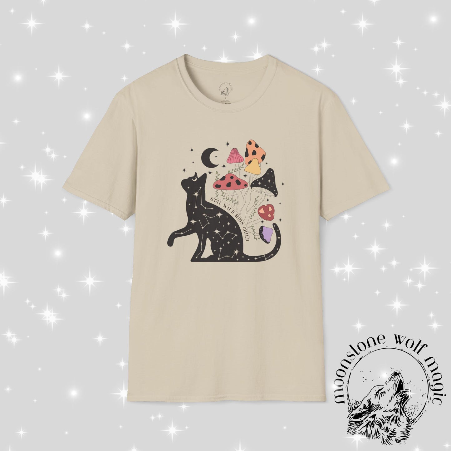 Cosmic Cat and Mushrooms Unisex Softstyle T-Shirt - Magical Aesthetic Tee