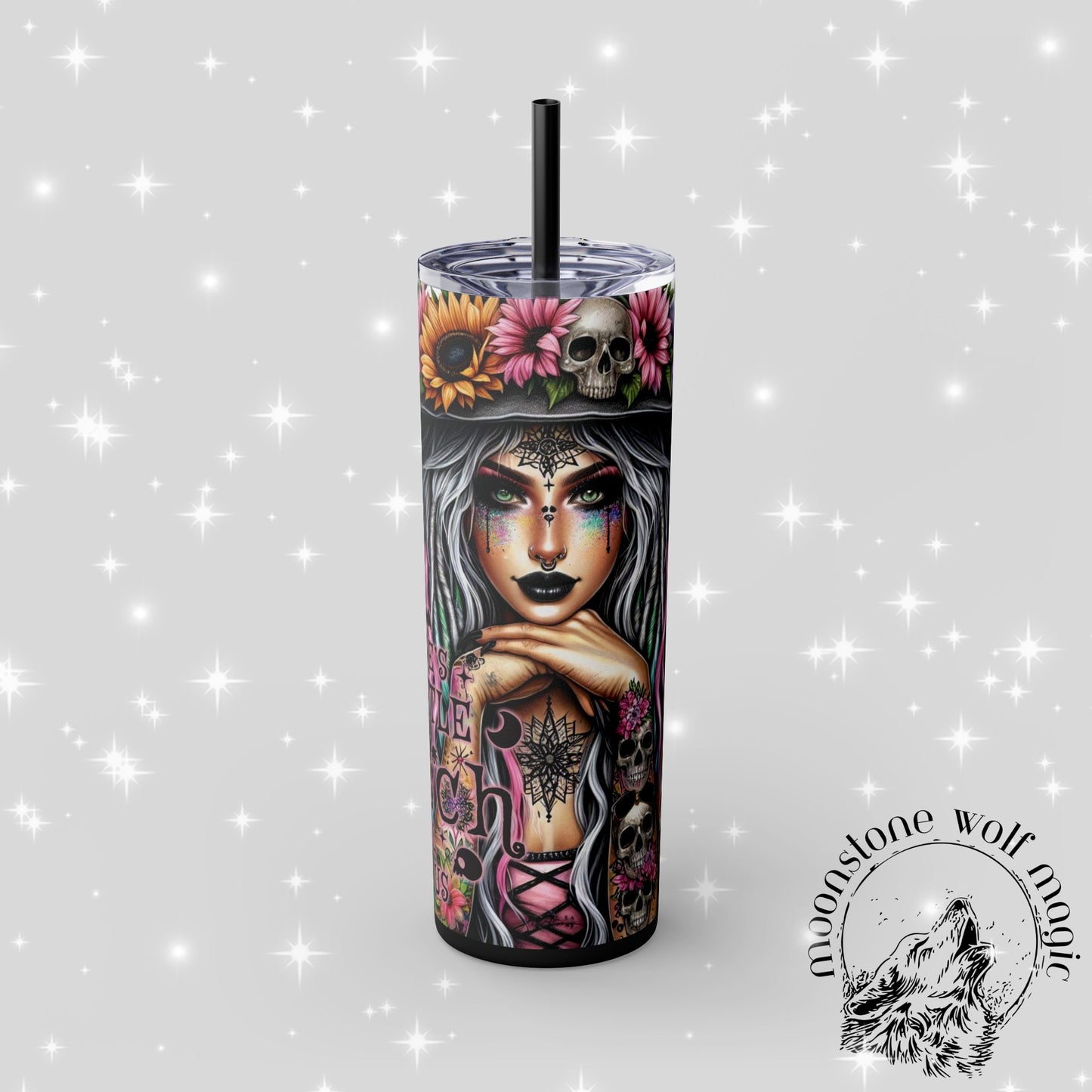 Boho Witchy Skinny Tumbler with Straw - 20oz Floral Skull Design