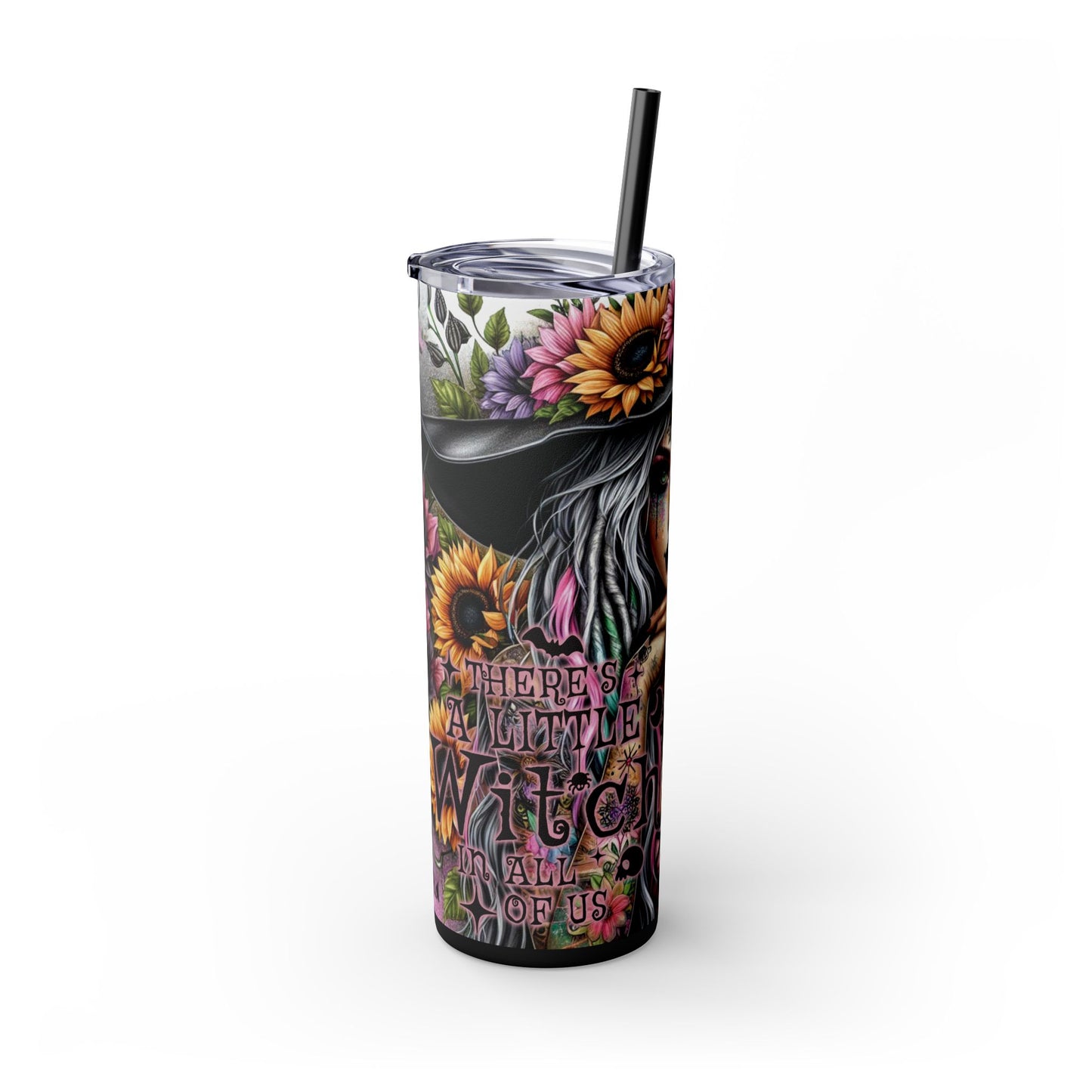 Boho Witchy Skinny Tumbler with Straw - 20oz Floral Skull Design