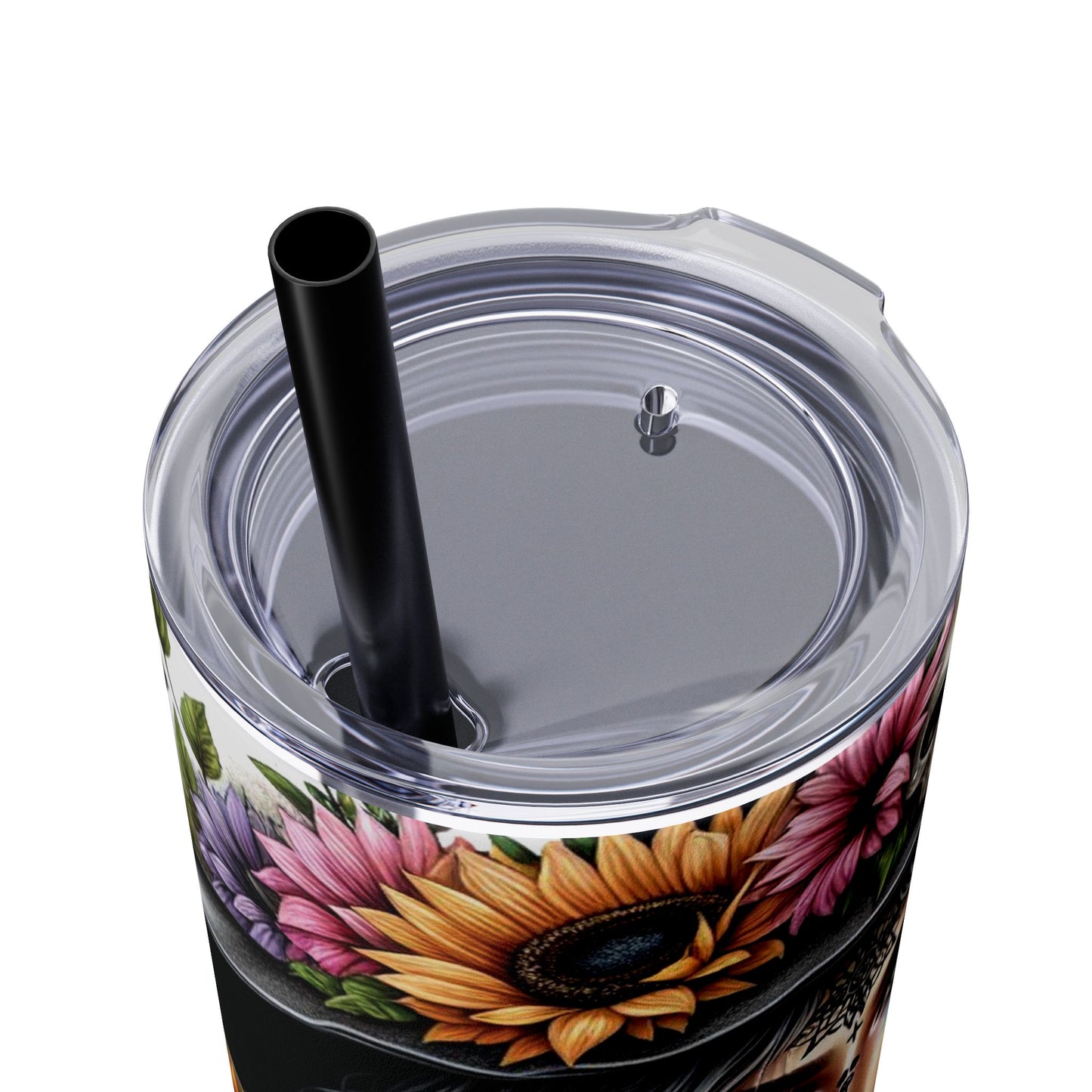 Boho Witchy Skinny Tumbler with Straw - 20oz Floral Skull Design
