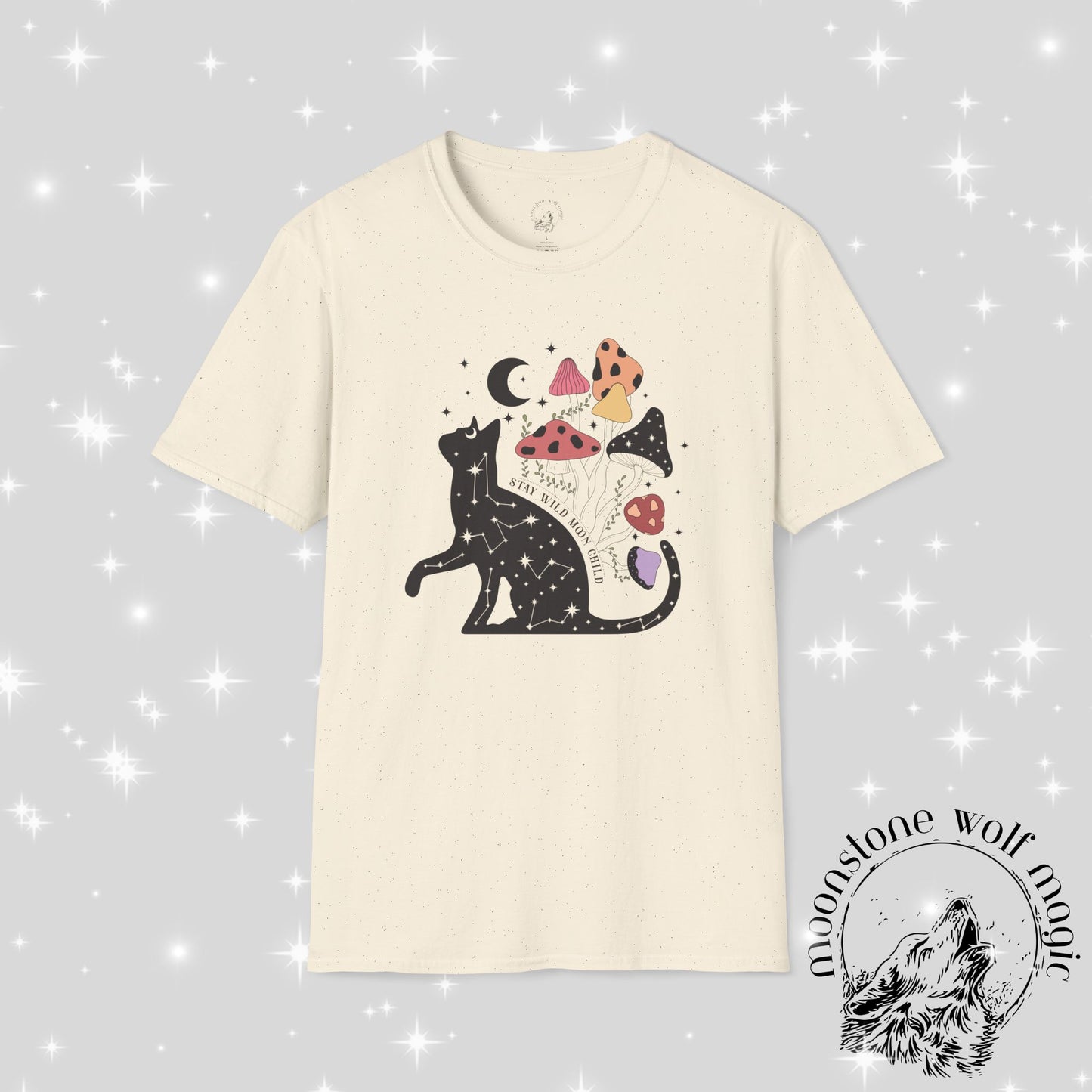 Cosmic Cat and Mushrooms Unisex Softstyle T-Shirt - Magical Aesthetic Tee