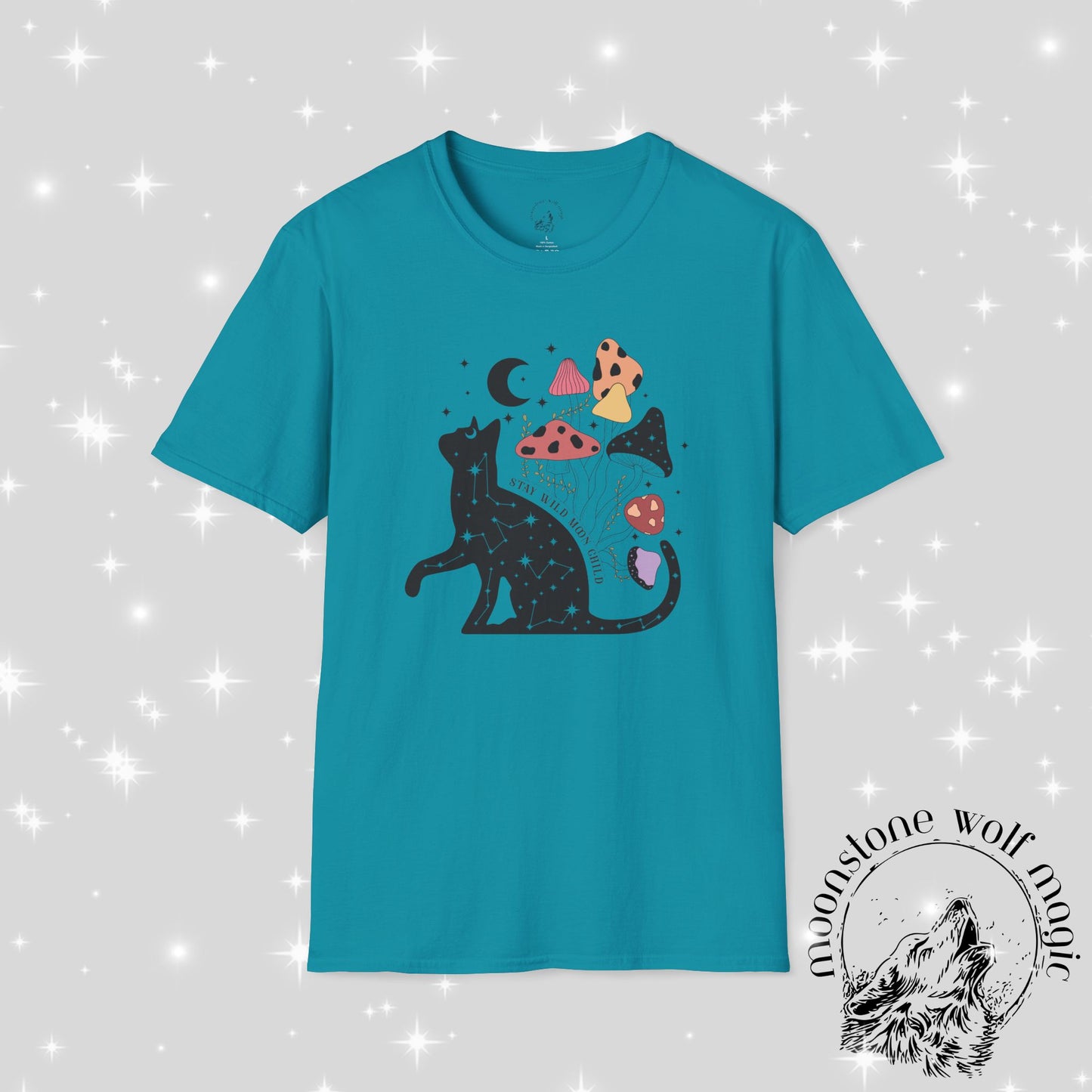 Cosmic Cat and Mushrooms Unisex Softstyle T-Shirt - Magical Aesthetic Tee