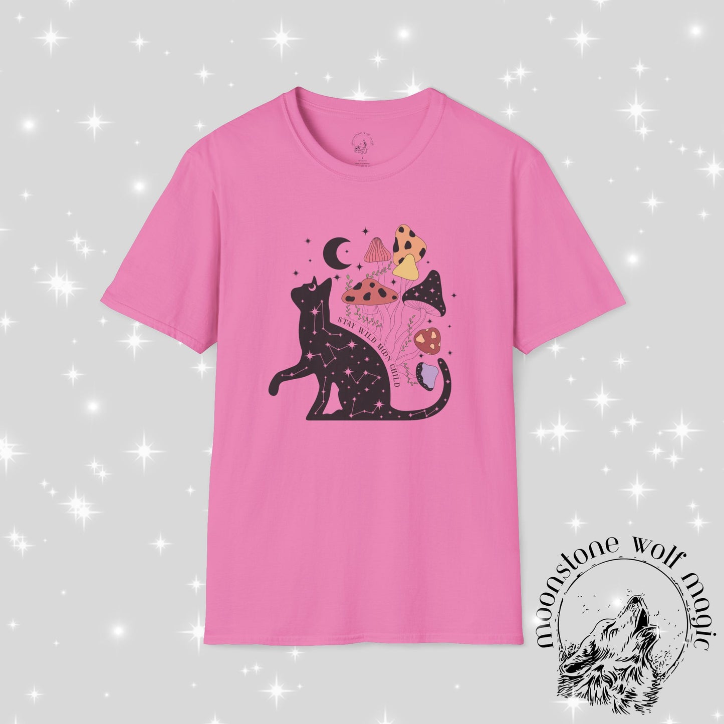 Cosmic Cat and Mushrooms Unisex Softstyle T-Shirt - Magical Aesthetic Tee