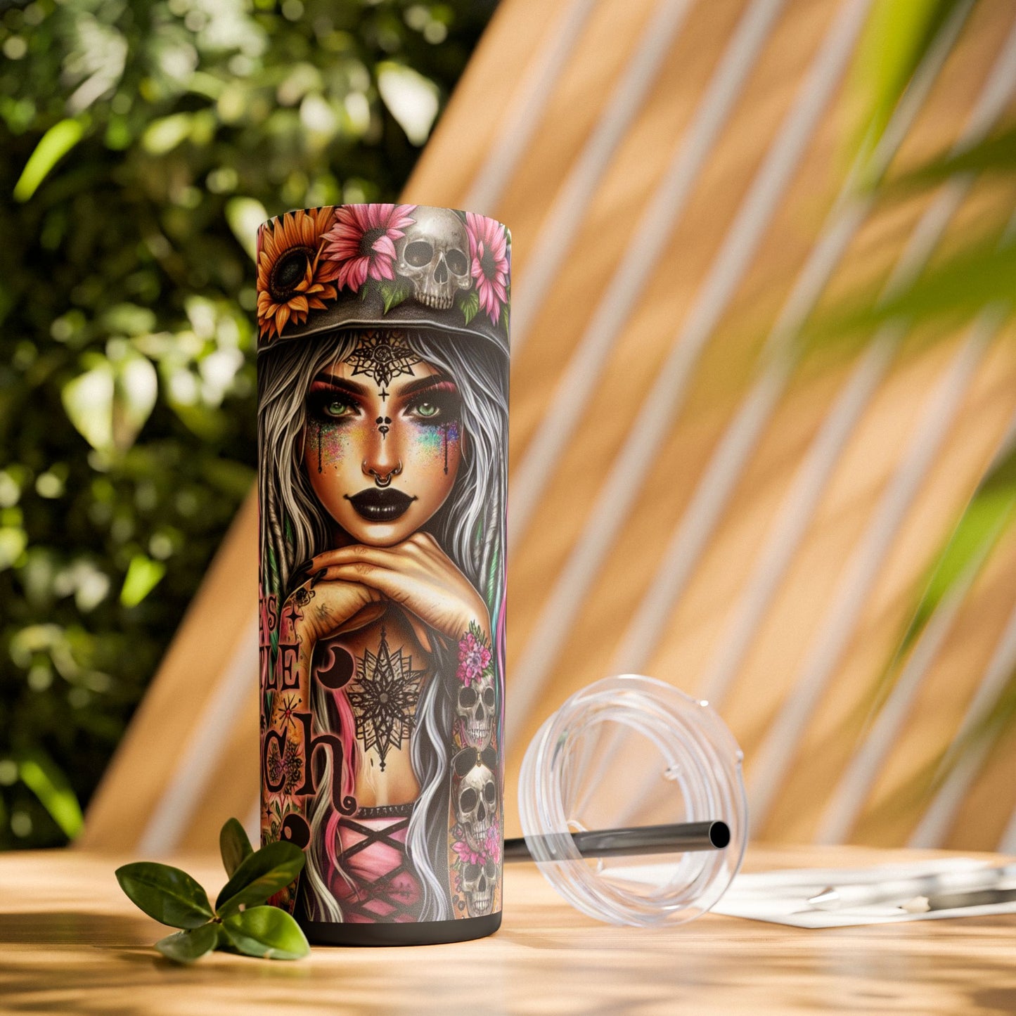 Boho Witchy Skinny Tumbler with Straw - 20oz Floral Skull Design