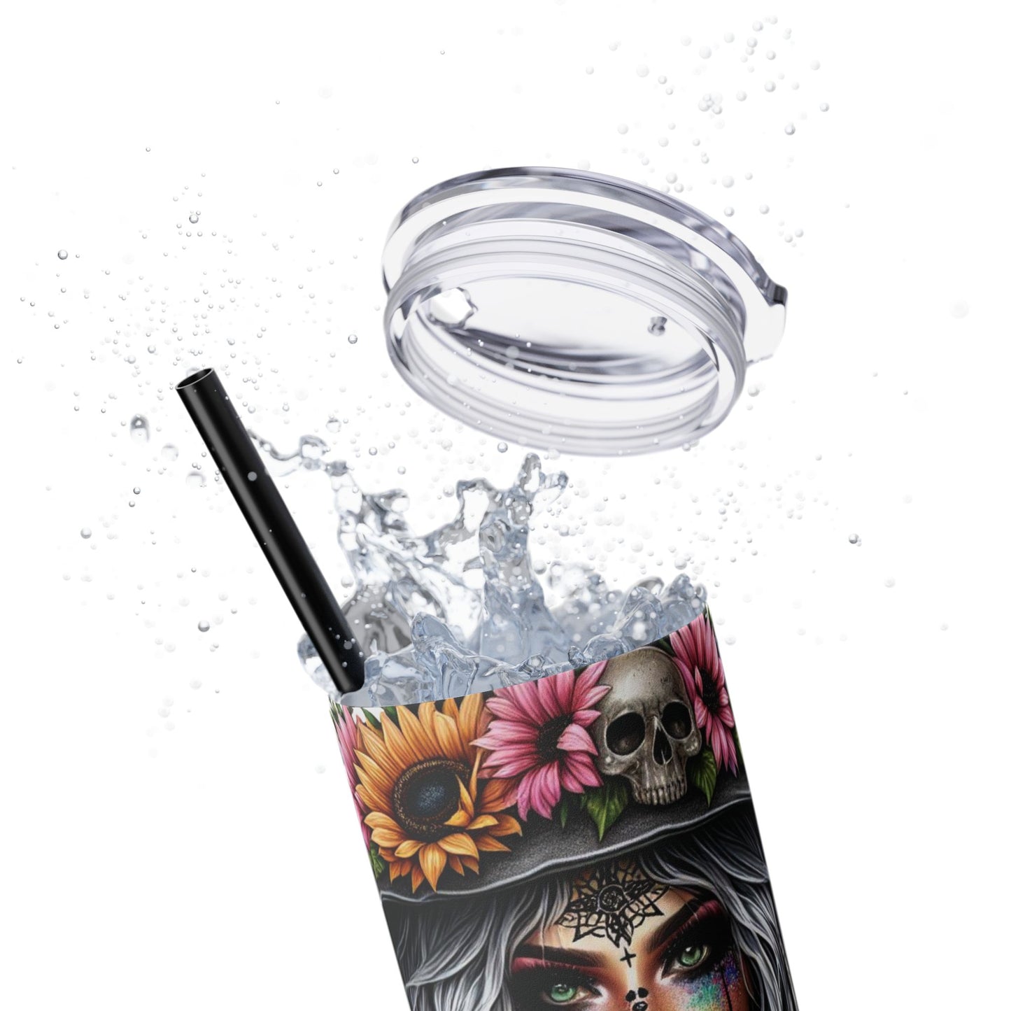 Boho Witchy Skinny Tumbler with Straw - 20oz Floral Skull Design