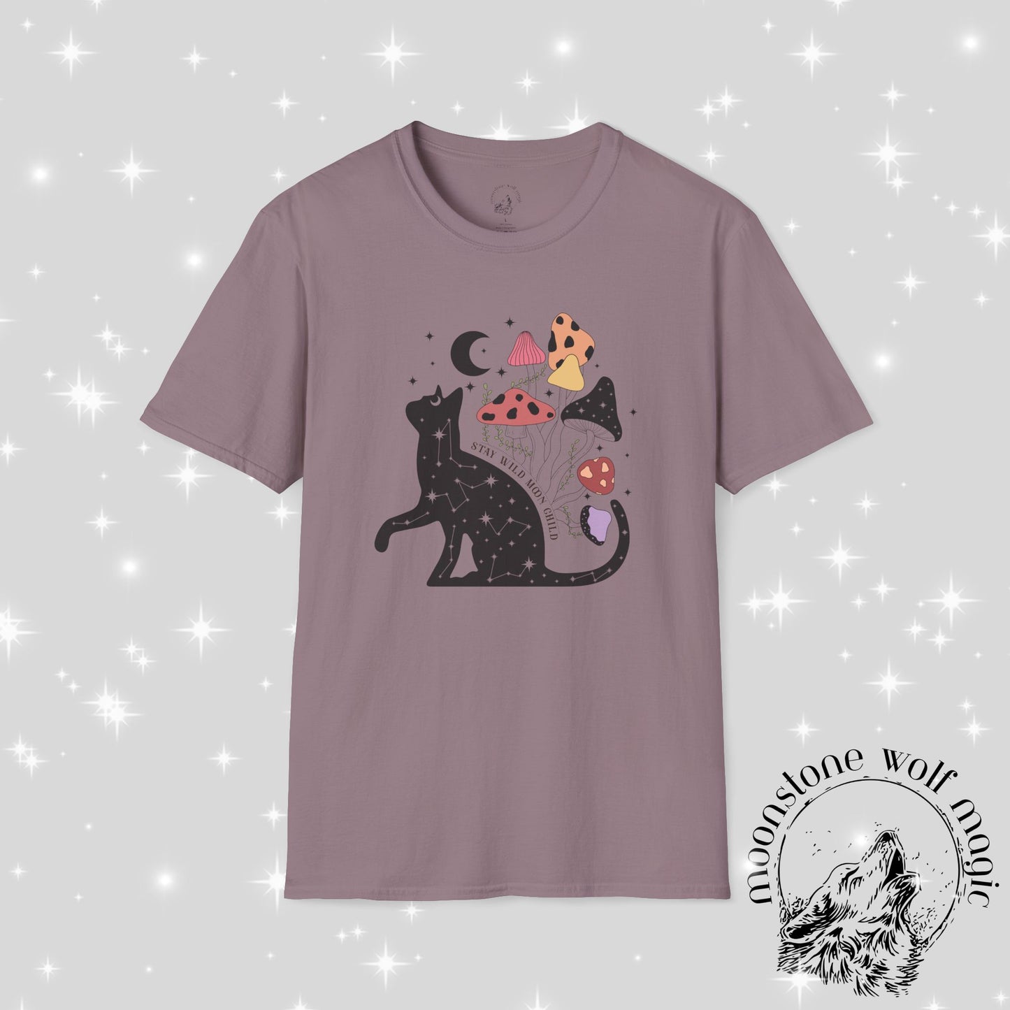 Cosmic Cat and Mushrooms Unisex Softstyle T-Shirt - Magical Aesthetic Tee