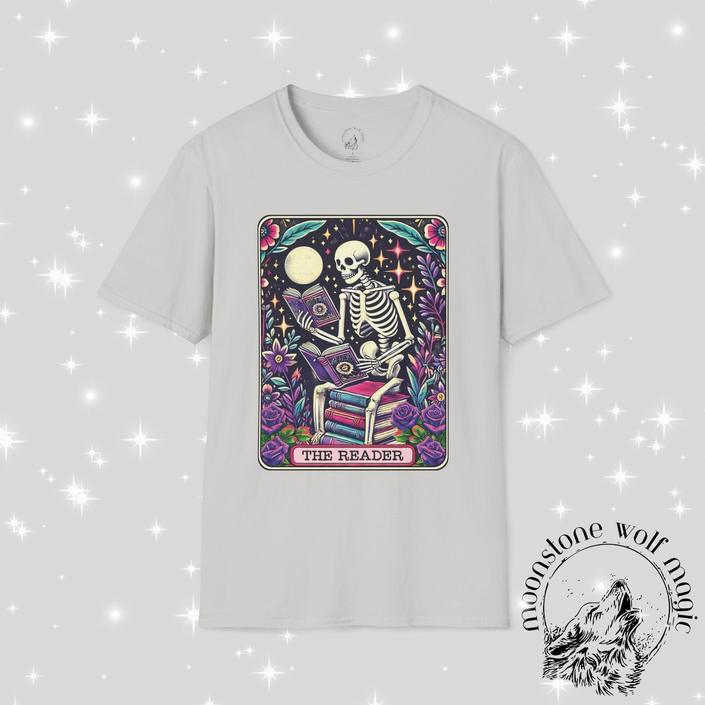The Reader Skeleton Unisex Softstyle T-Shirt - Perfect for Book Lovers & Halloween
