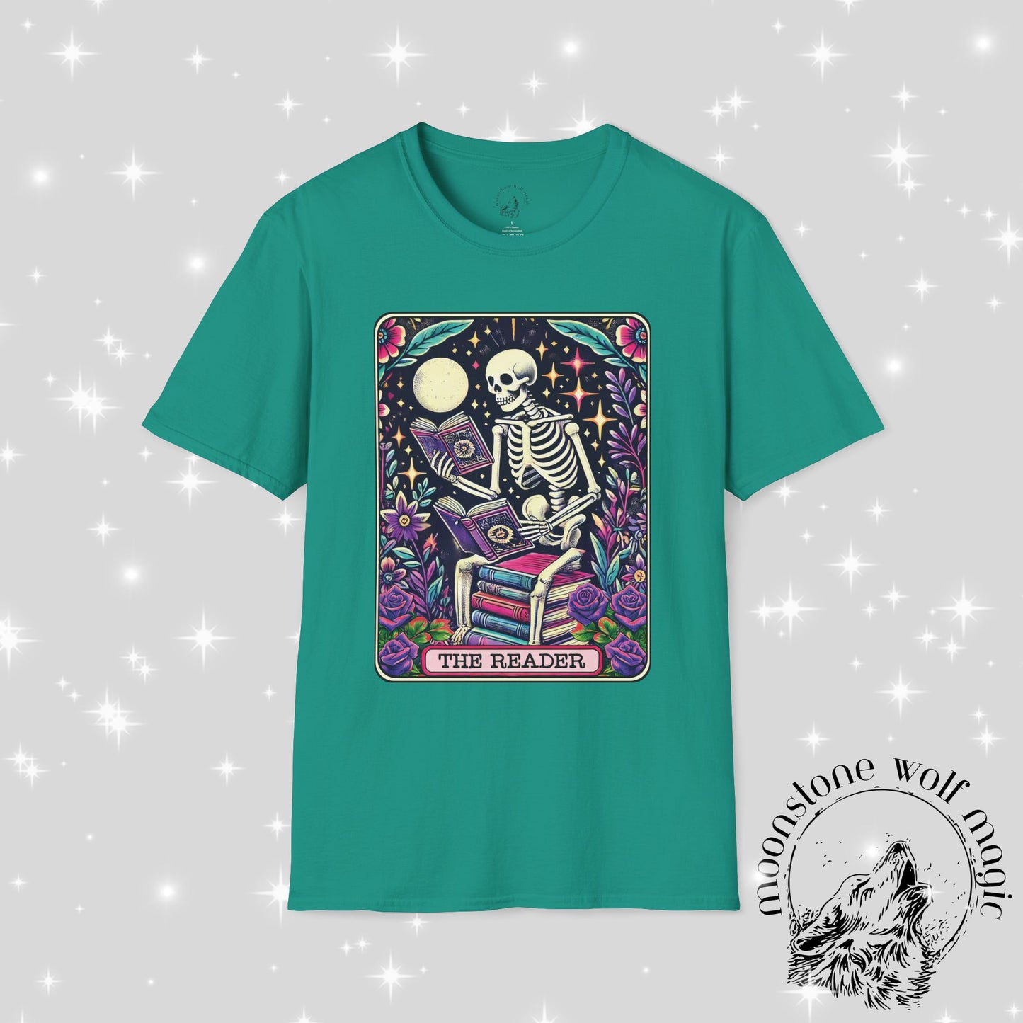 The Reader Skeleton Unisex Softstyle T-Shirt - Perfect for Book Lovers & Halloween