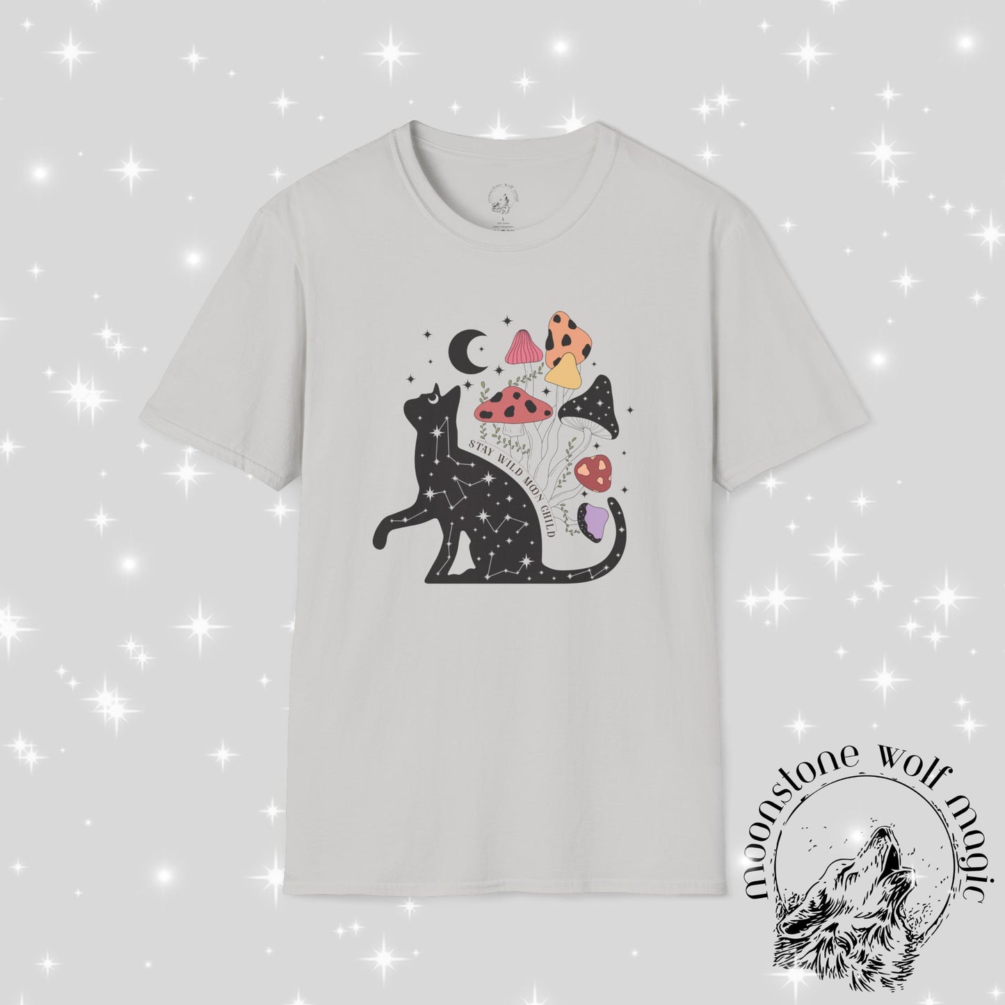 Cosmic Cat and Mushrooms Unisex Softstyle T-Shirt - Magical Aesthetic Tee