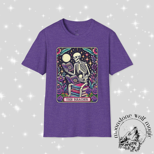 The Reader Skeleton Unisex Softstyle T-Shirt - Perfect for Book Lovers & Halloween
